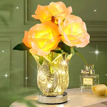 Лампа в цветочном горшке с розовым хрусталем, перезаряжаемый ночник, светодиодные ночные светильники из искусственных цветов, поддельный букет, подарок на День рождения