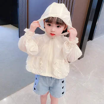 Пальто для девочек, Летняя Новинка 2023 года, Универсальные Милые Куртки Принцессы в Корейском стиле с рюшами и Капюшоном для девочек