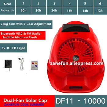 Солнечная крышка с 2 вентиляторами ABS Со светодиодной подсветкой Bluetooth-радио Литиевая батарея емкостью 10000 мАч Звуковая сигнализация Откидная крышка Для наружных работ Солнечная Вентиляторная шляпа