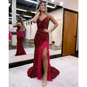 Длинное платье с V-образным вырезом Бордового цвета, расшитое блестками, с разрезом сбоку и перьями, Вечернее платье vestidos de fiesta elegantes para mujer 2023