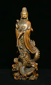 Старый Китайский Самшитовый Дракон Кван-инь Боддхисаттва Лун Гуаньинь Статуя Богини