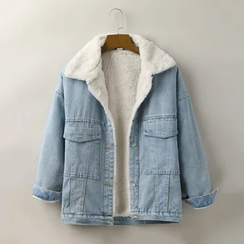 Новое женское джинсовое пальто из овечьей шерсти, теплая винтажная джинсовая куртка из потертого флиса на пуговицах, утепленная теплая джинсовая куртка, пальто