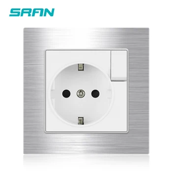 Электрические розетки стандарта ЕС SRAN 16A с выключателем, матовая панель из алюминиевого сплава 86 * 86 мм, одинарные розетки для обустройства дома