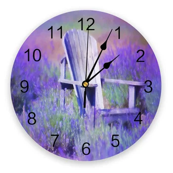 Фиолетовый Лавандовый Цветок Полевой Стул ПВХ Настенные Часы Современный Дизайн Украшения Гостиной Настенные Часы Home Decore Настенные Цифровые Часы