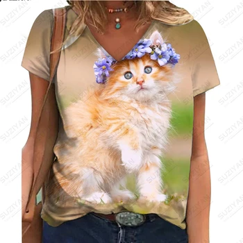 Хит продаж, женская минималистичная футболка, женский короткий рукав, персонализированный рисунок кота, 3D-печать, Женский повседневный свободный топ с V-образным вырезом.