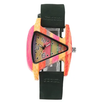 Креативные Уникальные Красочные Деревянные часы с треугольным циферблатом, женские кварцевые кожаные часы-браслет, женские наручные часы