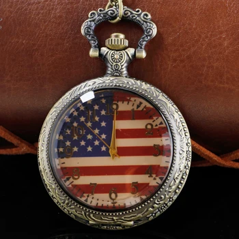 Модные римские цифровые кварцевые карманные часы в стиле стимпанк с рисунком американского флага, мужское и женское ожерелье, подвеска с цепочкой в подарок