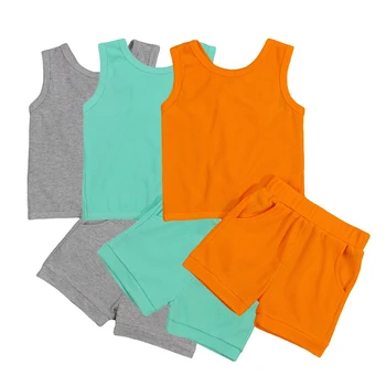 Новый комплект одежды для мальчиков из двух предметов, детская рубашка без рукавов и однотонные короткие штаны