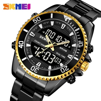 Мужские спортивные часы SKMEI из нержавеющей стали, люксовый бренд, высококачественные наручные часы с двойным дисплеем, модные мужские водонепроницаемые часы