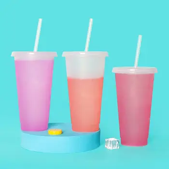 Пластиковый стаканчик объемом 701-800 мл, однослойный, с крышкой, для питья, Многоцветный, из полипропилена, чувствительный к температуре, меняющий цвет на холодный, Чашка с кофейной соломинкой