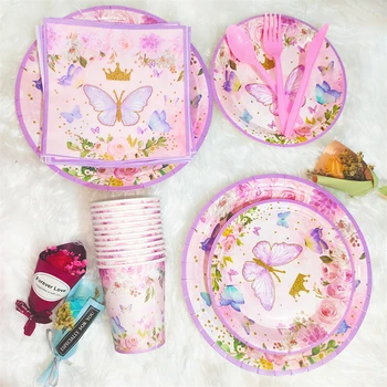 Розовая посуда для дня рождения с бабочкой, украшения для вечеринки с 1-м Днем рождения, Детский душ для девочек, украшение для бабочек, свадьба