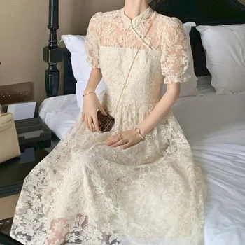 Элегантное кружевное платье с цветочным рисунком, женская вышивка, французское винтажное платье Миди Чонсам, летнее повседневное праздничное платье принцессы Феи 2021