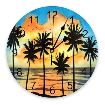 Пляж, Закат, Пальмы, Акварельные Настенные часы из ПВХ, современный дизайн, украшение гостиной, Настенные часы, Домашний декор, Настенные цифровые часы