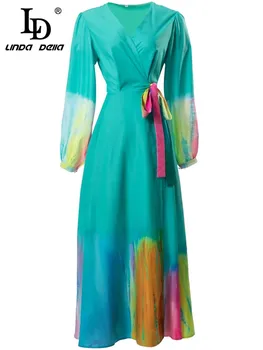 Модельер LD LINDA DELLA, летнее платье, женское платье с V-образным вырезом и рукавом-фонариком, винтажные длинные платья с многоцветным принтом, пояс,