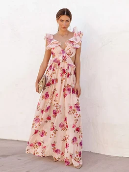 Элегантное женское платье макси с большим подолом с цветочным принтом, облегающее платье без рукавов с V-образным вырезом, Vestidos 2023, летний женский пляжный сексуальный халат