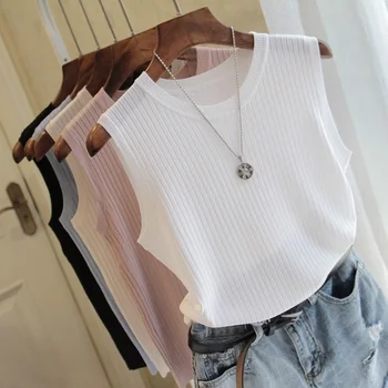 Модная женская блузка 2022, Летняя блузка без рукавов, женская вязаная блузка с круглым вырезом, рубашка, женская одежда, Женские топы и блузки