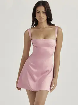 Летнее платье, Розовое атласное элегантное вечернее платье, женское сексуальное мини-платье с квадратным воротником, без спинки, на молнии, женские вечерние платья