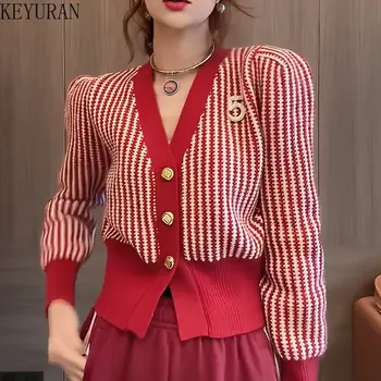 Новые весенние свитера 2023 года для женщин, тонкая Корейская одежда, укороченный кардиган в красную полоску, вязаные кардиганы с V-образным вырезом и длинным рукавом, куртка