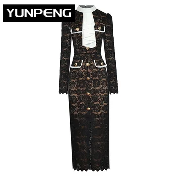 Платья для женщин 2023 Элегантное Высококачественное Роскошное дизайнерское весеннее кружевное платье-карандаш с воротником-стойкой и длинным рукавом, открытое вечернее платье