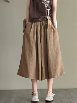 Женские Летние Новые льняные свободные брюки длиной до икр в стиле ретро с эластичной резинкой на талии, простые повседневные широкие брюки 2023 года в стиле ретро