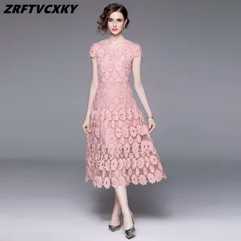 Подиумные Высококачественные кружевные платья с вырезами для женщин с коротким рукавом и цветочной вышивкой, Элегантное летнее однотонное длинное платье Vestidos