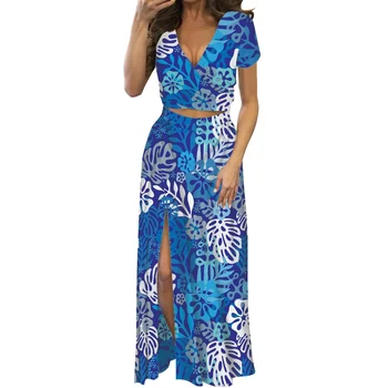Новая мода, Самоа, Сексуальная одежда с коротким рукавом, хит продаж, Летнее женское платье Макси с глубоким вырезом и принтом пальмовых листьев, Раздельное платье из двух частей