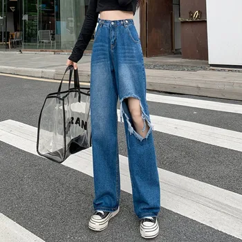 Новое поступление 2021 года, Лето, Корейский стиль, Женские Повседневные Свободные хлопковые джинсовые брюки длиной до щиколоток, Прямые джинсы на пуговицах V60
