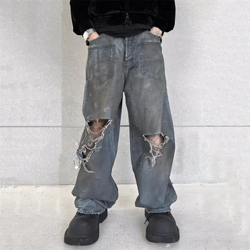 Женские брюки 2023, осенние новинки корейской моды, джинсы с низкой посадкой, винтажные потертые хлопковые брюки с прямыми штанинами, брюки для швабры в пол, брюки для