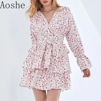 Aoshe/ Весенне-летняя Новая женская одежда, Милые Укороченные платья со шнуровкой и оборками на талии, женское платье