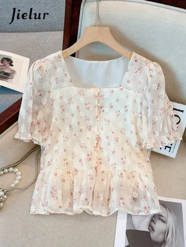 Jielur Летняя Новая Тонкая Повседневная Женская рубашка с цветочным принтом Женская Милая Элегантная рубашка Женская РозовоЗеленая Шифоновая рубашка на свободной основе Женская