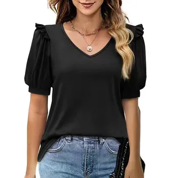 Рубашка женская Мода 2023, плиссированные топы с пышными рукавами, футболки с V-образным вырезом, нарядные блузки, женские топы большого размера, летние туники 셔츠 블라우스