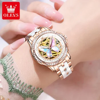 OLEVS 2023, НОВЫЕ Автоматические механические часы Fritillary butterfly для женщин, роскошный Элегантный ремешок из керамики, Женские наручные часы