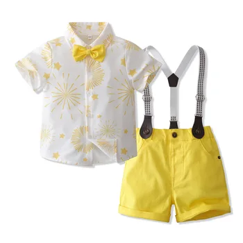 Одежда для джентльменов с бантом для мальчиков, рубашка с принтом + желтые шорты на подтяжках, Детские Праздничные наряды, комплекты с коротким рукавом