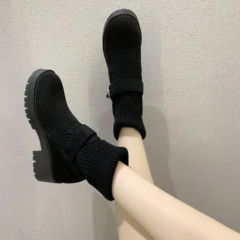Зимние новые ботинки из флока с круглым носком и плюшем на толстой подошве, женские короткие сапоги в стиле ретро, женские эластичные женские ботинки до середины икры, женская обувь
