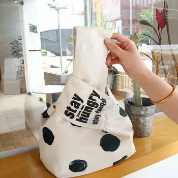 Японская симпатичная сумка для бэнто с волновой точкой, сумочка для выхода, маленькая сумочка с узлом, сумка для запястий, сумка для бэнто