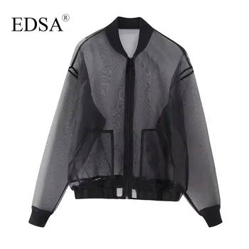 Женская модная куртка-бомбер из черной органзы EDSA Круглый вырез, длинные рукава с манжетами, Передние карманы, верхняя одежда на молнии спереди, лето