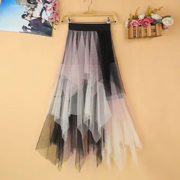 Тюлевые юбки, женская сетчатая юбка с высокой талией, асимметричный подол, плиссированная юбка Миди, женские летние юбки до середины икры, B56
