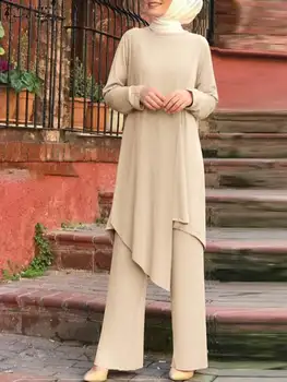 Турецкий костюм-блузка, мусульманские комплекты, женская одежда ZANZEA, модная асимметричная рубашка с длинным рукавом и брюки, комплект с абайей в Рамадан