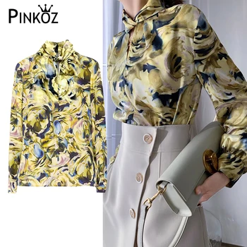 Дизайнерская женская блузка Pinkoz с воротником-стойкой, открытая модная желтая рубашка с цветочным принтом, офисные женские топы с длинными рукавами, шикарные