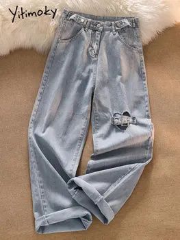 Женские рваные джинсы Yitimoky, новинка 2023, Корейская мода, Винтажные прямые джинсы с высокой талией, уличная одежда, повседневные джинсы с широкими штанинами,