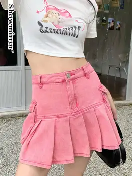 Showmirror/ Милые женские джинсовые мини-юбки на тонких завязках, розовая юбка трапециевидной формы в японском стиле, кружевная отделка, уличная одежда