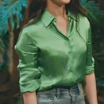 Женская рубашка 2023 Летняя Новая рубашка с маленьким заостренным воротником из чистого зеленого атласа из 100% шелка с длинными рукавами