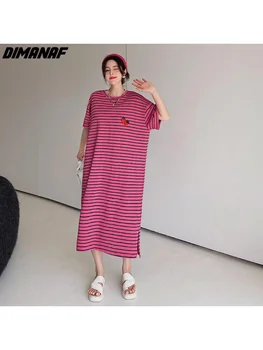 DIMANAF Лето Плюс Размер Модные Женские туфли Элегантное Корейское длинное платье Синяя плиссированная свободная одежда