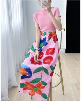 Горячая распродажа юбки Miyake, новая стильная юбка со складками и принтом, длинная юбка С тонким разрезом, В наличии