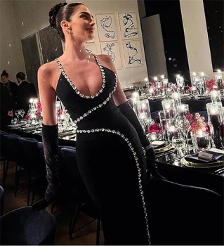 Высококачественное сияющее бриллиантами черное платье до середины икры без рукавов на бретелях, изящное женское платье для вечеринки на день рождения, наряд для коктейльной вечеринки
