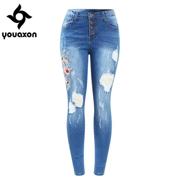 2133 Youaxon Новые рваные джинсы на пуговицах с эмблемой Real Emboridery, женские эластичные джинсовые узкие брюки, брюки для женщин, джинсы