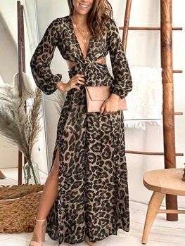 2023 Летнее модное Женское Элегантное Сексуальное платье с леопардовым принтом, длинный рукав, узел, Глубокий V-образный вырез, разрез, Тонкое сексуальное платье, женская одежда