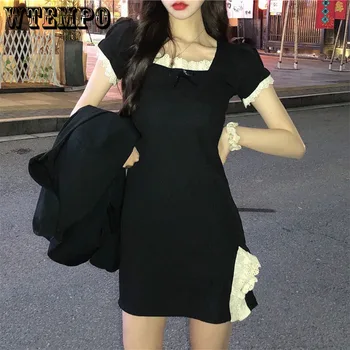 Черное платье с квадратным воротником WTEMPO, французский стиль, сексуальный темперамент, Женские летние мини-платья с коротким рукавом для самосовершенствования, Стройные Мини-платья