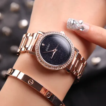 Роскошный бренд GUOU Золото Нержавеющая сталь Высокое качество Модная женщина Бриллианты Подарок Леди Кварцевые наручные часы водонепроницаемые студенческие часы