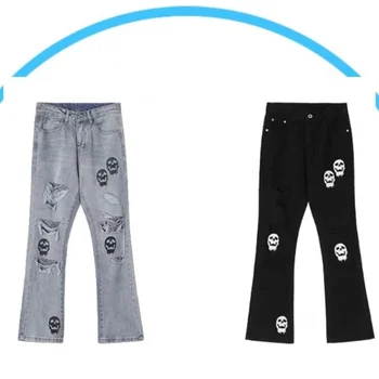 Джинсы с дырками в виде американского черепа, оригинальные мужские и женские брюки Tide High Street Hip Hop Streetweat Y2K, джинсовые брюки со средней талией